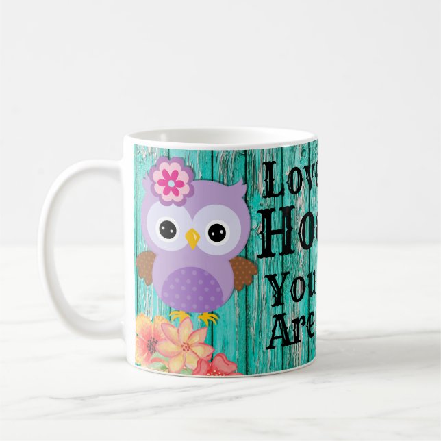 Cute Love Hoo You Are Pastel Purple Owl and Flower Coffee Mug (Left)