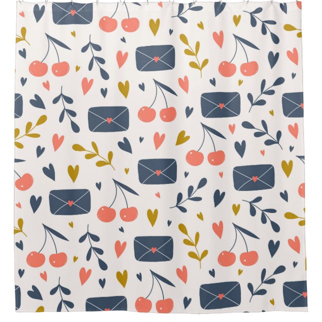 Cute Love Letters and Cherries Pattern Cosy Shower Curtain (Front)