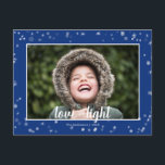Cute Love & Light Stars Hanukkah Holiday Postcard<br><div class="desc">Cute and fun, this holiday postcard is the perfect way to send season's greetings to friends and family. Features white and silver stars and snow on a blue background. Change the photo template to your own. The front and back have text that can be changed to fit your family name...</div>