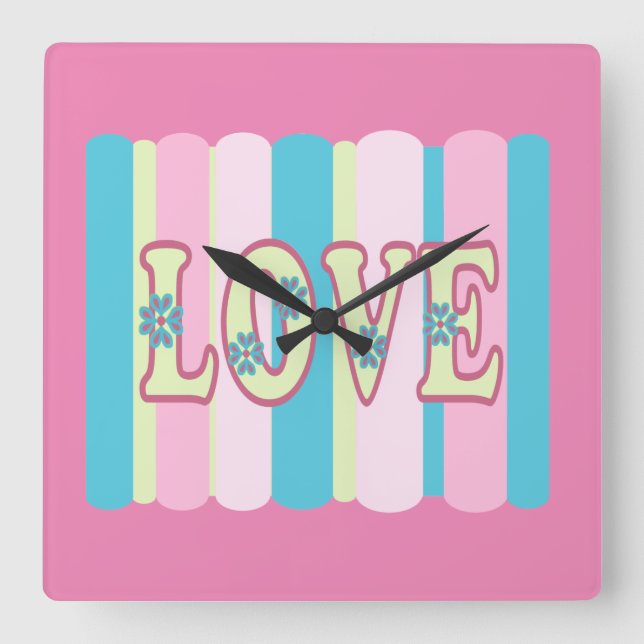 Cute Love Quote Feminine Pastel Pink Yellow Blue Square Wall Clock (Front)