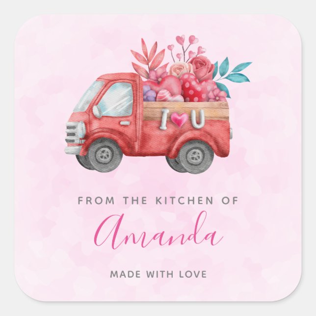 Cute Love Truck Carrying Hearts & Flowers Kitchen Square Sticker (Front)