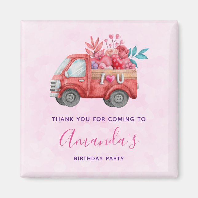 Cute Love Truck Carrying Hearts & Flowers Party Magnet (Front)
