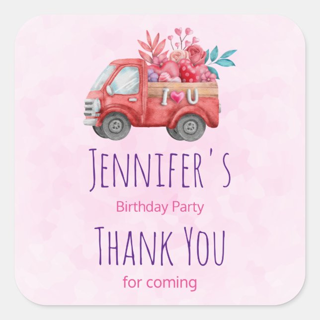 Cute Love Truck Carrying Hearts & Flowers Party Square Sticker (Front)