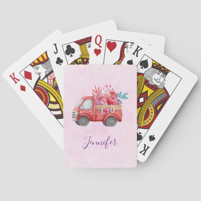 Cute Love Truck Carrying Hearts & Flowers Playing Cards (Back)