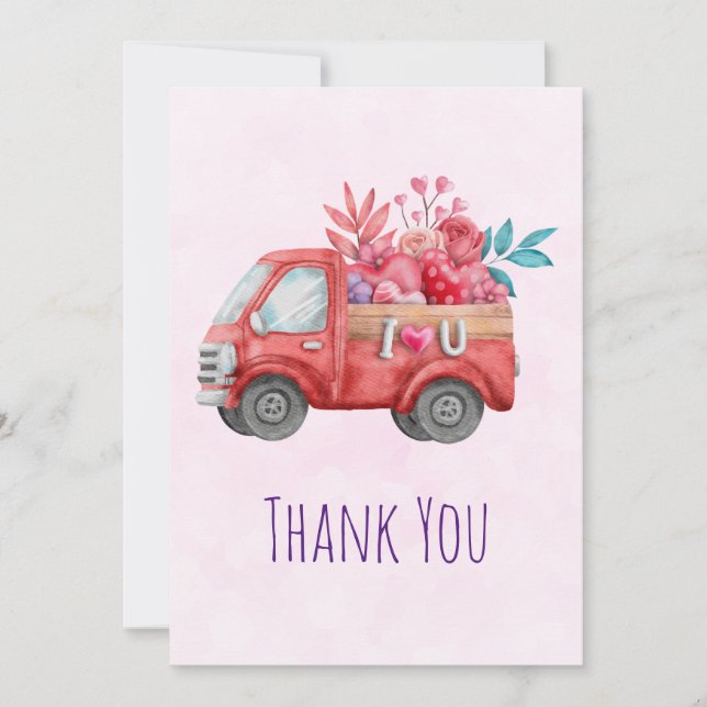 Cute Love Truck Carrying Hearts & Flowers Thank You Card (Front)