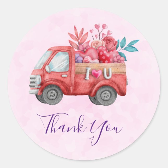 Cute Love Truck  Hearts & Flowers Cargo Thank You Classic Round Sticker (Front)