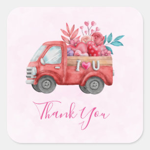 Cute Love Truck Hearts & Flowers Cargo Thank You Square Sticker