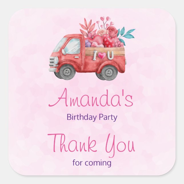 Cute Love Truck  Valentine Birthday Thank You Square Sticker (Front)