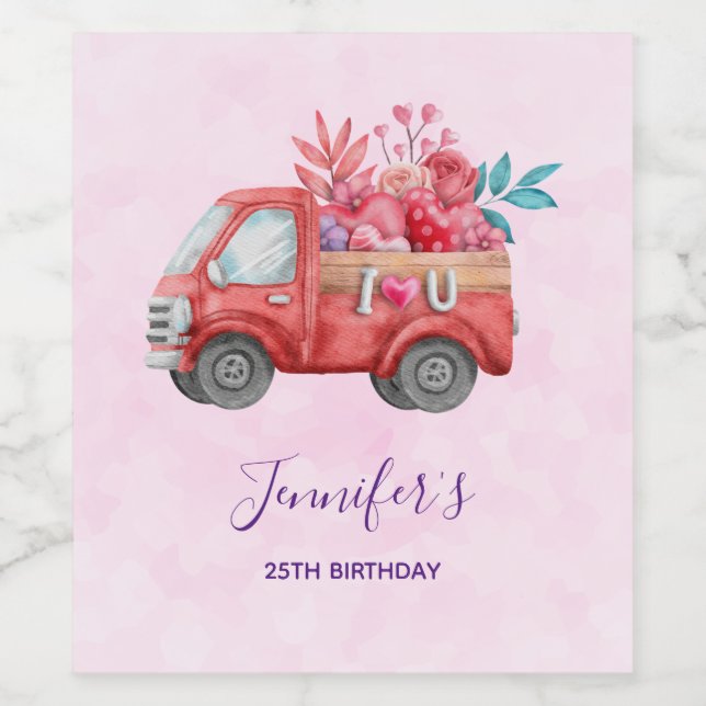 Cute Love Truck with Cargo Watercolor Birthday Wine Label (Single Label)