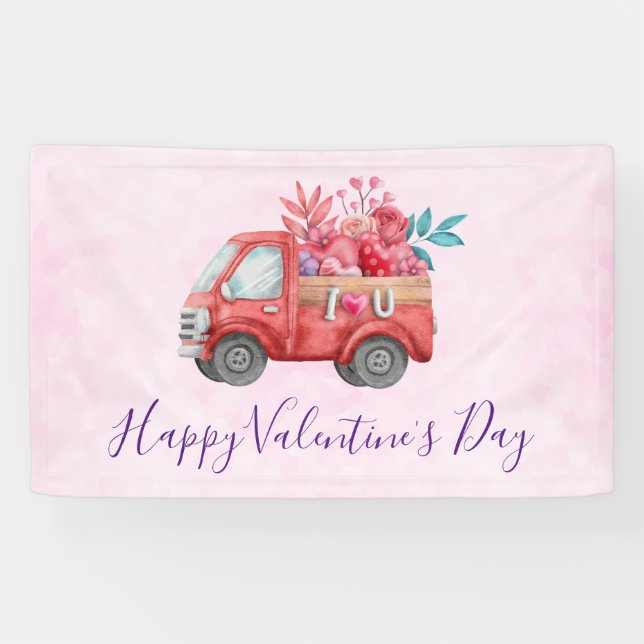 Cute Love Truck with Heart Cargo Valentine's Banner (Horizontal)