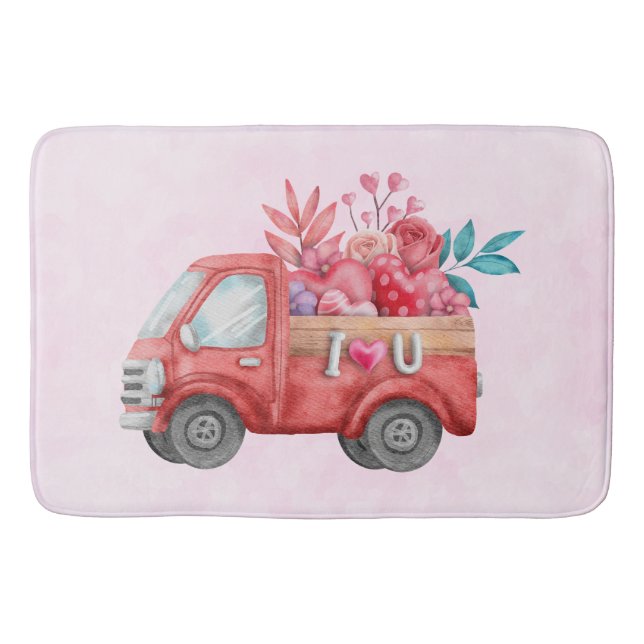 Cute Love Truck with Heart Cargo Watercolor Bath Mat (Front)
