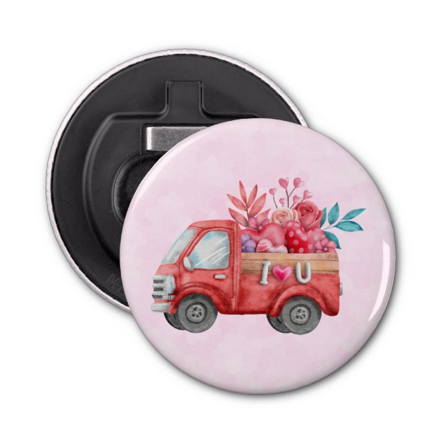Cute Love Truck with Heart Cargo Watercolor Bottle Opener (Front)