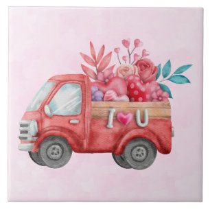 Cute Love Truck with Heart Cargo Watercolor Ceramic Tile