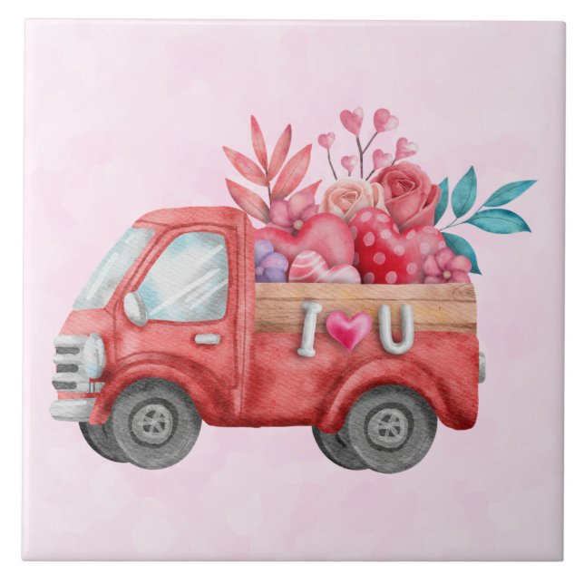 Cute Love Truck with Heart Cargo Watercolor Ceramic Tile (Front)