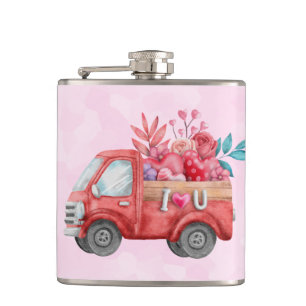 Cute Love Truck with Heart Cargo Watercolor Hip Flask