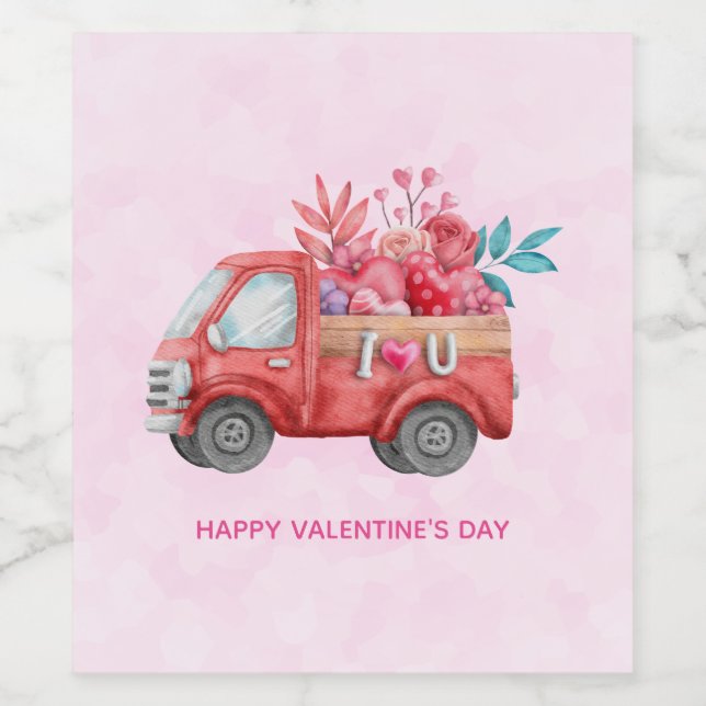 Cute Love Truck with Heart Cargo Watercolor Wine Label (Single Label)