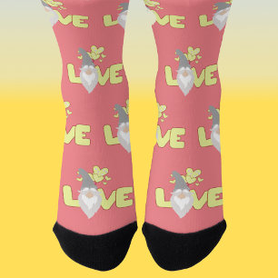 Cute love Valentines Day Gnome  Pink Yellow Grey Socks