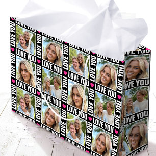 Cute Love You 4 Photo Collage Black Pink Heart Large Gift Bag