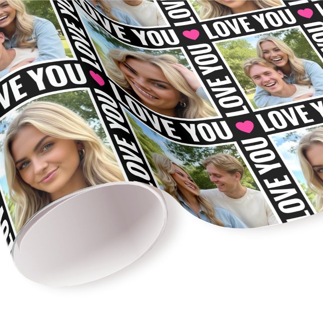 Cute Love You 4 Photo Collage Heart Modern Black Wrapping Paper (Creator Uploaded)