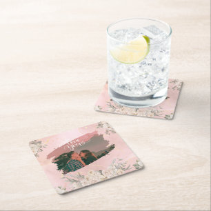 Cute Love You Custom Photo For Couple Pink Floral  Square Paper Coaster