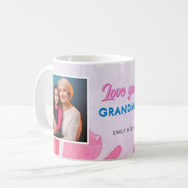 Cute Love you Grandma Pink Flowers 2 Photos Coffee Mug (Front Left)