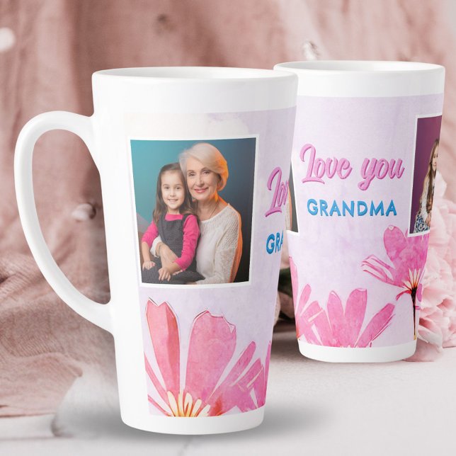 Cute Love you Grandma Pink Flowers 2 Photos Latte Mug (Creator Uploaded)