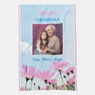 Cute Love you Grandma Pink Flowers Photo Tea Towel