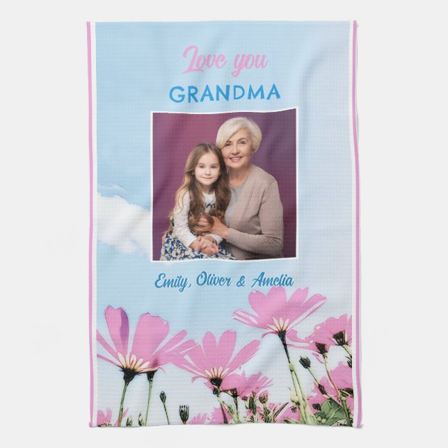 Cute Love you Grandma Pink Flowers Photo Tea Towel (Vertical)