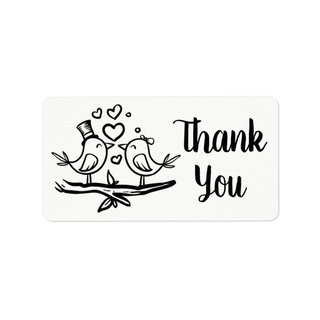 Cute Lovebirds Black White Wedding Thank You Label (Front)