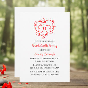 Cute Lovebirds Boho Red Heart Bachelorette Party Invitation