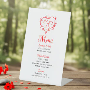 Cute Lovebirds Boho Red Heart Garden Wedding Menu Pedestal Sign