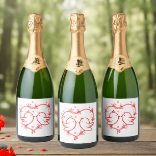 Cute Lovebirds Boho Red Heart Garden Wedding Sparkling Wine Label