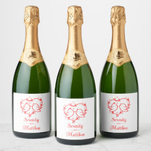 Cute Lovebirds Boho Red Heart Garden Wedding Sparkling Wine Label