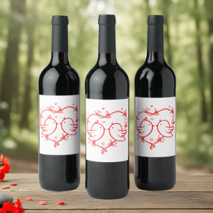 Cute Lovebirds Boho Red Heart Garden Wedding Wine Label