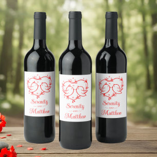 Cute Lovebirds Boho Red Heart Garden Wedding Wine Label