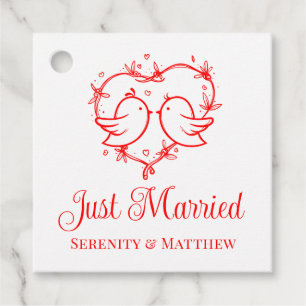 Cute Lovebirds Boho Red Heart Just Married Wedding Favour Tags