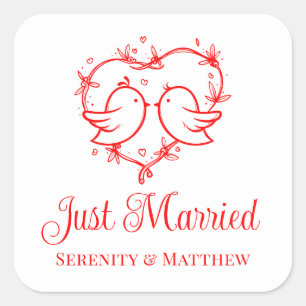 Cute Lovebirds Boho Red Heart Just Married Wedding Square Sticker