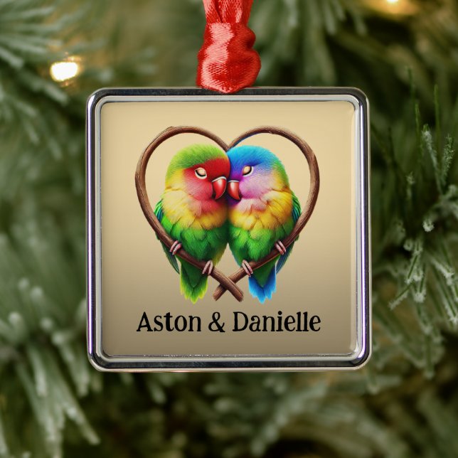 Cute Lovebirds Cuddling in a Heart Shaped Bough Metal Ornament (Tree)