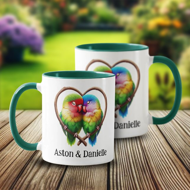 Cute Lovebirds Cuddling in a Heart Shaped Bough Mug (Lovebirds in Heart-Shaped Branch 2 Two-Tone Mugs Cover Photo)