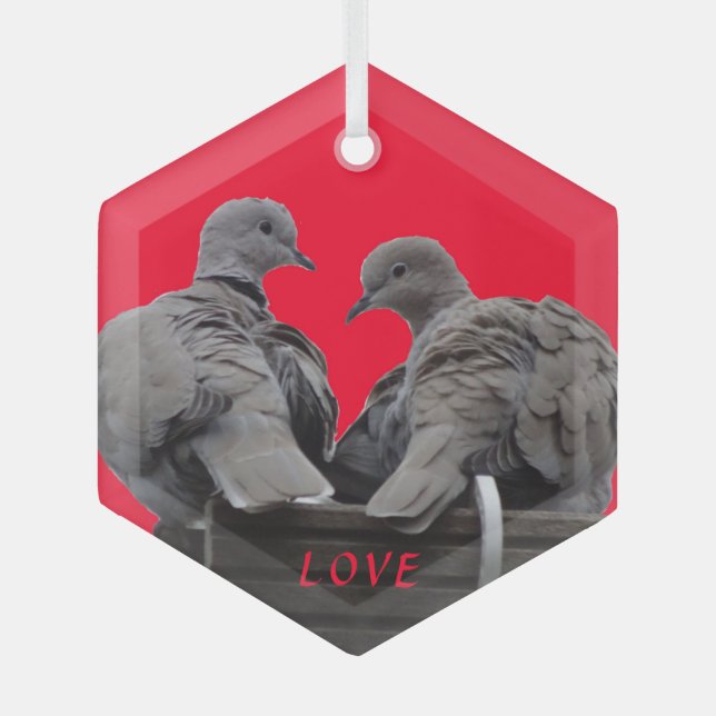 Cute Lovebirds Cust. Text Glass Ornament (Front)