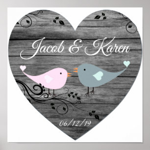 Cute Lovebirds Faux Wooden Heart Poster