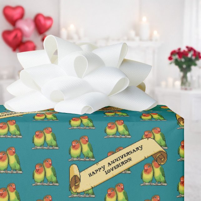 Cute Lovebirds Happy Anniversary Romantic Retro Wrapping Paper (Creator Uploaded)