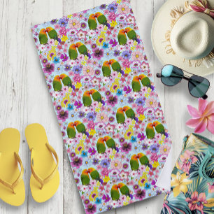 Cute Lovebirds Tropical Flowers Romantic Bird Beach Towel