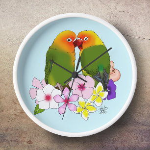 Cute Lovebirds Tropical Flowers Romantic Bird Clock