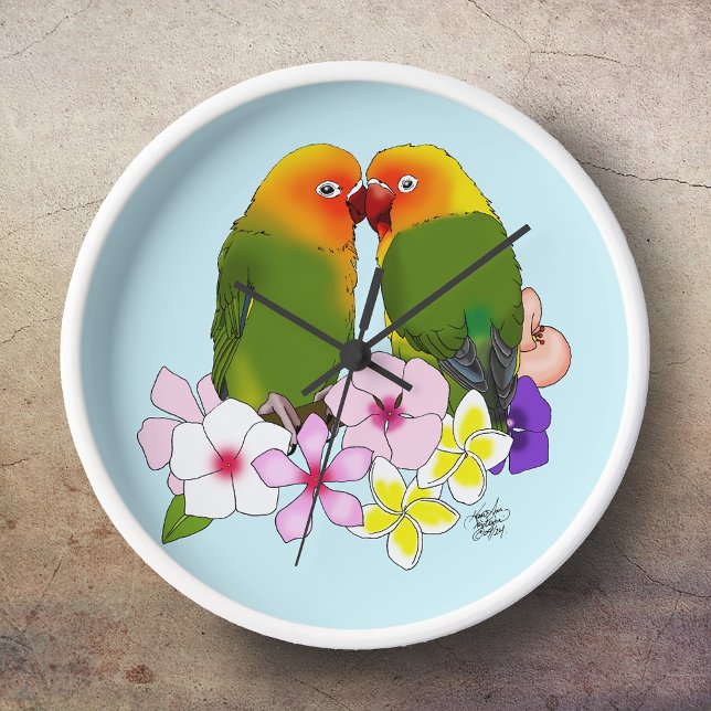 Cute Lovebirds Tropical Flowers Romantic Bird Clock (Creator Uploaded)