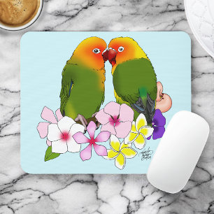 Cute Lovebirds Tropical Flowers Romantic Bird Mouse Pad