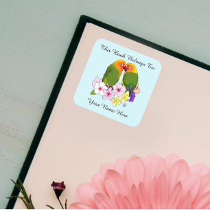 Cute Lovebirds Tropical Flowers Romantic Bookplate Square Sticker