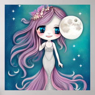 Cute Lovely face Mermaid teal moon gift  Poster
