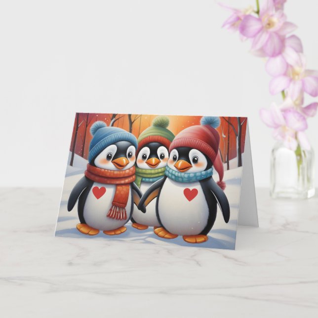 Cute Lovely Penguins Christmas  Card (Orchid)