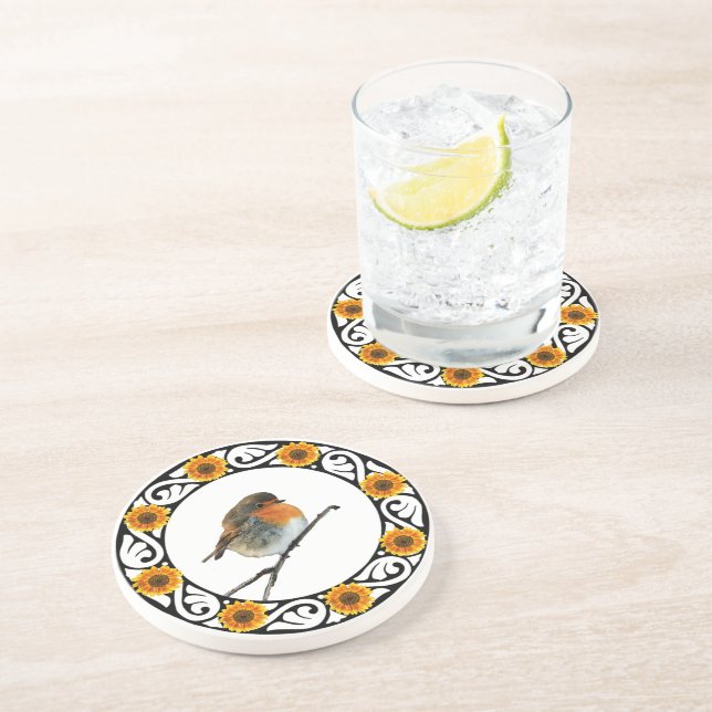 Cute lovely Robin bird Redbreast sunflower Coaster (Side)